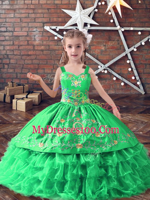 Green Ball Gowns Embroidery and Ruffled Layers Little Girl Pageant Gowns Lace Up Satin and Organza Sleeveless Floor Length