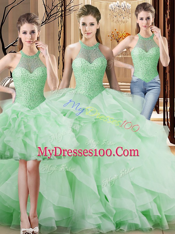 Apple Green Organza Lace Up Quinceanera Gown Sleeveless Brush Train Beading and Ruffles