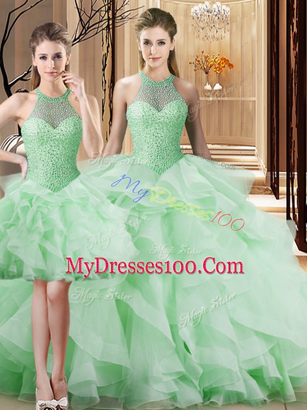 Apple Green Organza Lace Up Quinceanera Gown Sleeveless Brush Train Beading and Ruffles