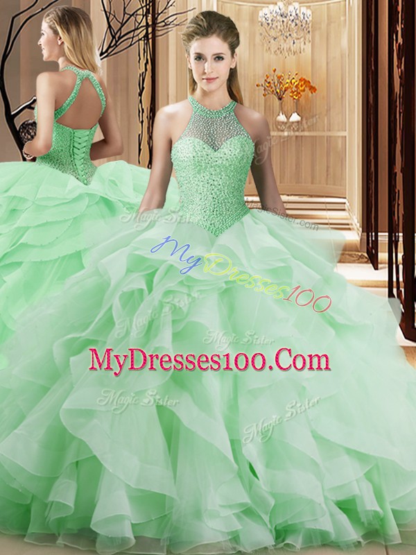 Apple Green Organza Lace Up Quinceanera Gown Sleeveless Brush Train Beading and Ruffles
