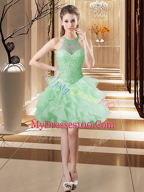 Apple Green Organza Lace Up Quinceanera Gown Sleeveless Brush Train Beading and Ruffles