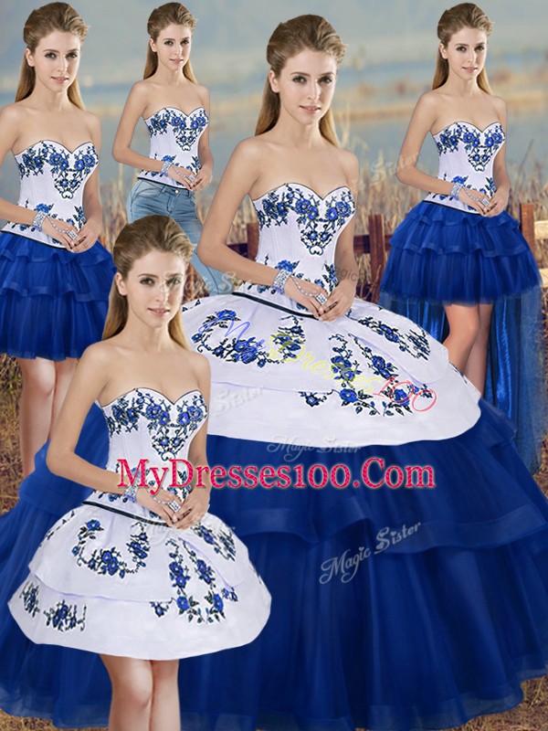 Royal Blue Tulle Lace Up Quince Ball Gowns Sleeveless Floor Length Embroidery and Bowknot
