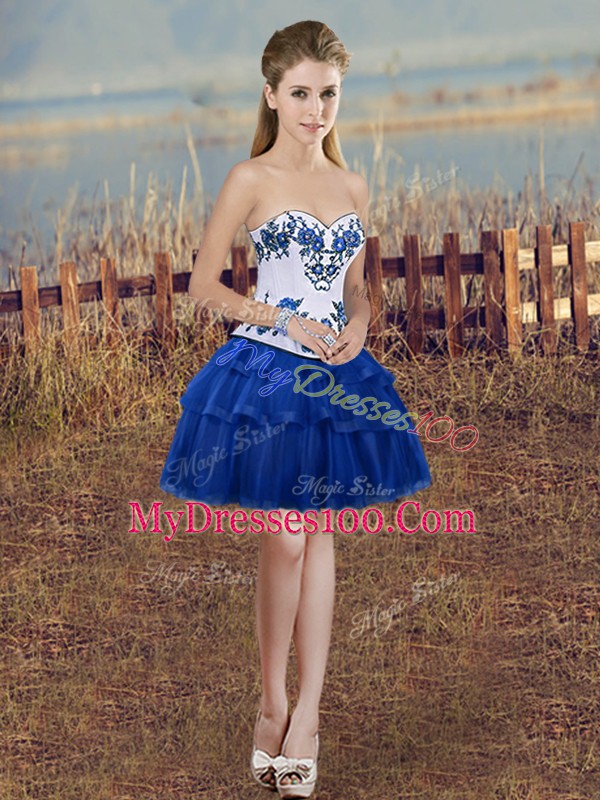 Royal Blue Tulle Lace Up Quince Ball Gowns Sleeveless Floor Length Embroidery and Bowknot
