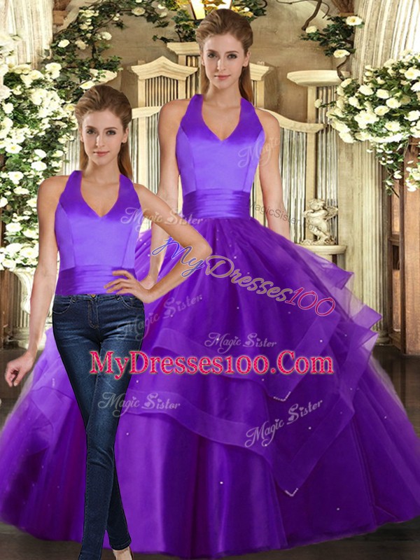 Glittering Purple Sweet 16 Dress Sweet 16 and Quinceanera with Ruffled Layers Strapless Sleeveless Lace Up