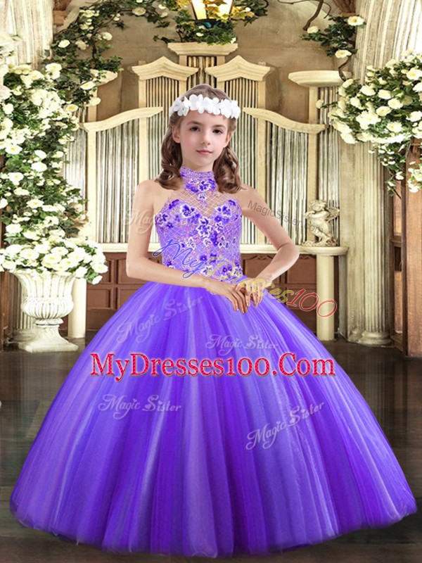 Simple Ball Gowns Pageant Gowns For Girls Lavender Halter Top Tulle Sleeveless Floor Length Lace Up