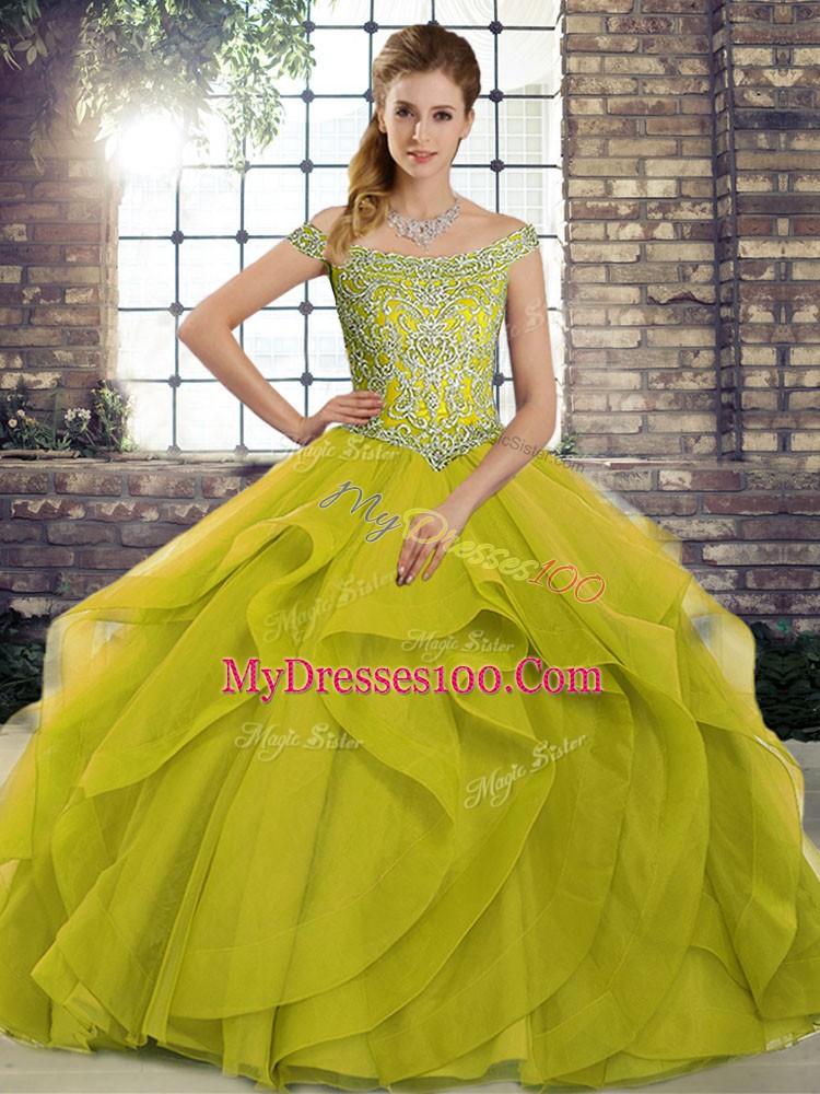 Off The Shoulder Sleeveless Brush Train Lace Up 15 Quinceanera Dress Olive Green Tulle