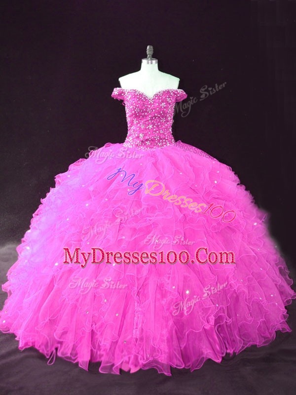 Free and Easy Off The Shoulder Sleeveless Ball Gown Prom Dress Floor Length Beading and Ruffles Fuchsia Tulle