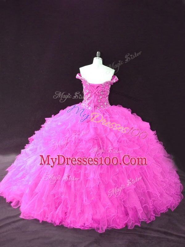 Free and Easy Off The Shoulder Sleeveless Ball Gown Prom Dress Floor Length Beading and Ruffles Fuchsia Tulle