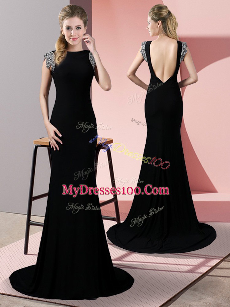 Customized Black Prom Dresses Elastic Woven Satin Brush Train Short Sleeves Beading