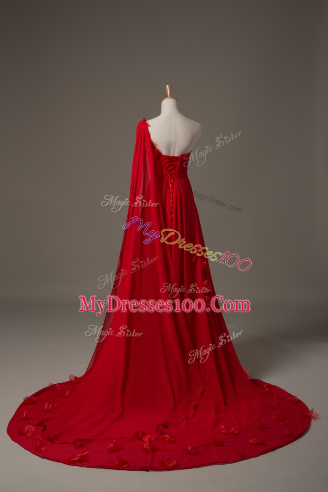 Lace Up Prom Gown Red for Prom and Party and Military Ball with Hand Made Flower Watteau Train