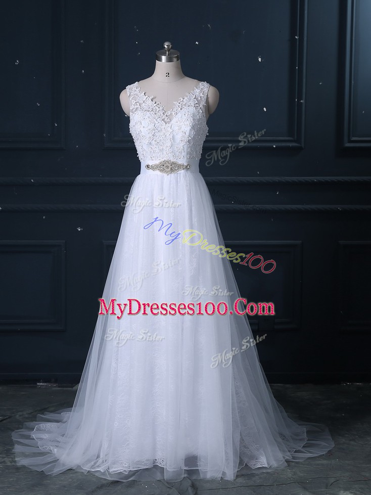 Smart White Backless V-neck Beading and Lace Wedding Dress Lace Sleeveless Brush Train