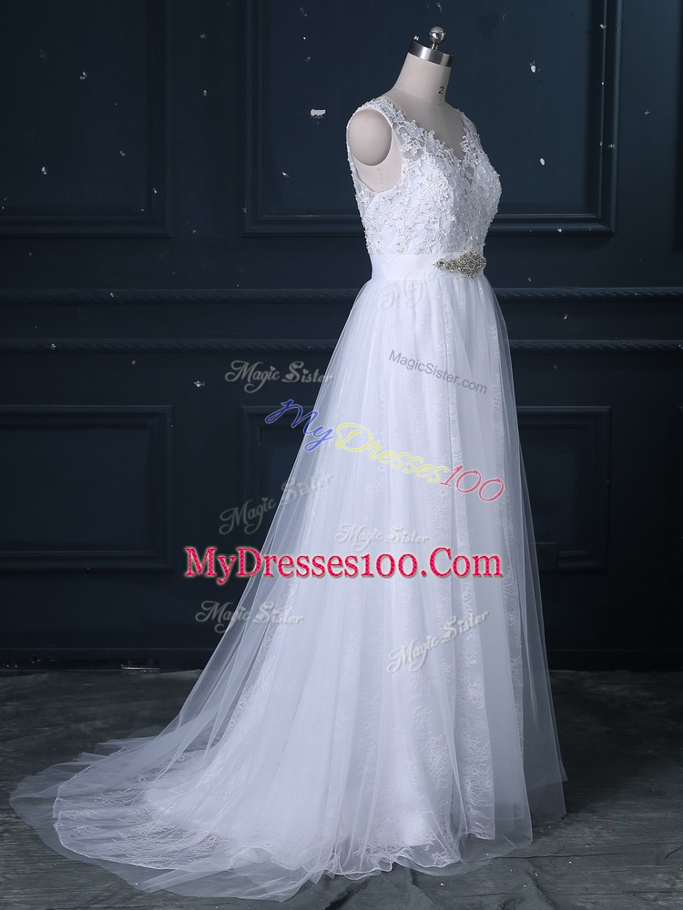 Smart White Backless V-neck Beading and Lace Wedding Dress Lace Sleeveless Brush Train