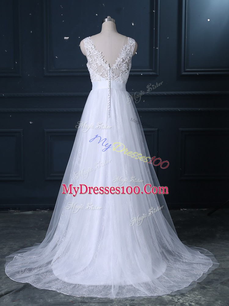 Smart White Backless V-neck Beading and Lace Wedding Dress Lace Sleeveless Brush Train