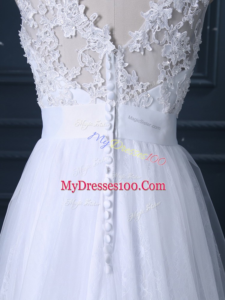 Smart White Backless V-neck Beading and Lace Wedding Dress Lace Sleeveless Brush Train