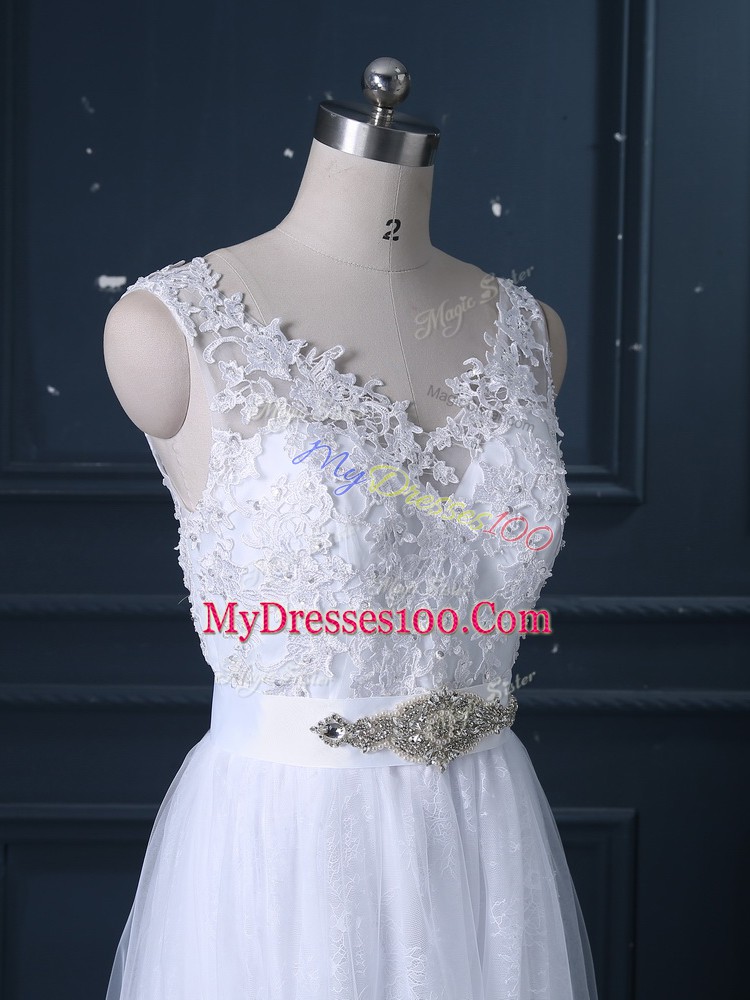 Smart White Backless V-neck Beading and Lace Wedding Dress Lace Sleeveless Brush Train