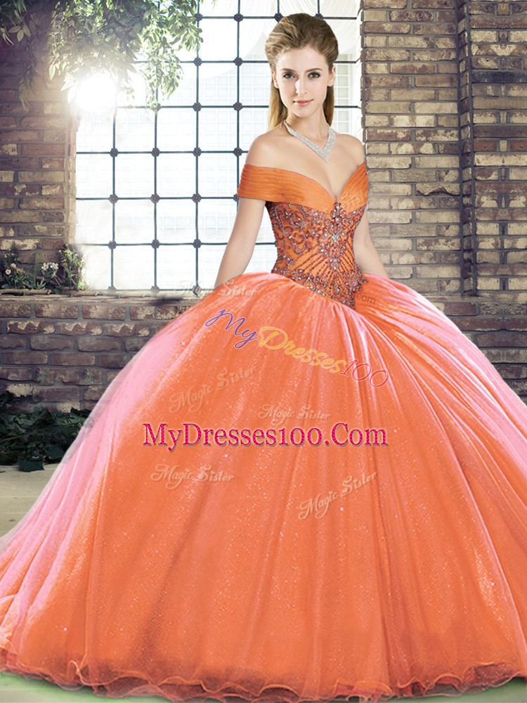 Orange Red Off The Shoulder Lace Up Beading Quince Ball Gowns Brush Train Sleeveless