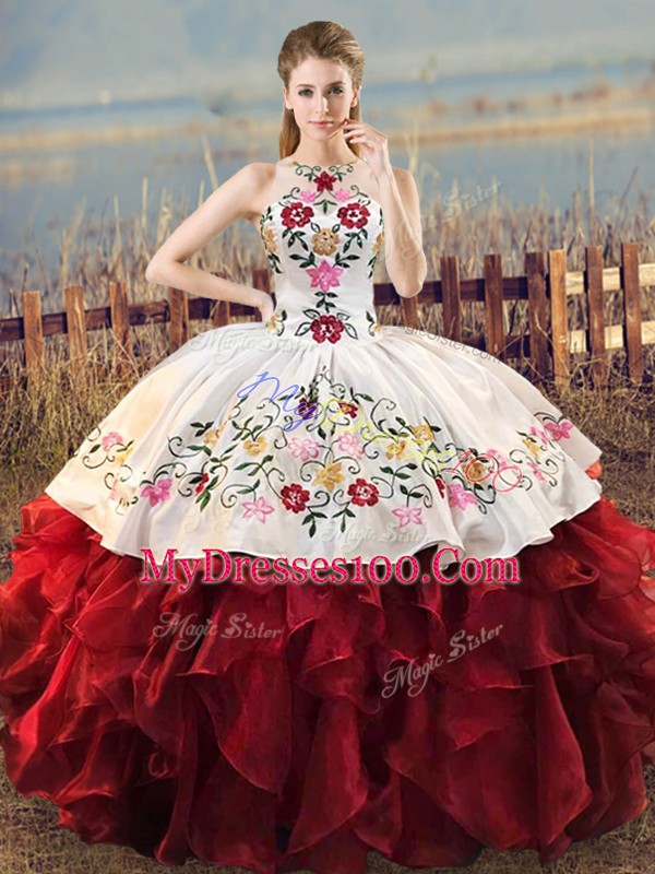 Ideal White And Red Ball Gowns Organza Halter Top Sleeveless Embroidery and Ruffles Floor Length Lace Up Sweet 16 Dresses