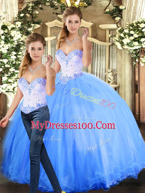Sleeveless Floor Length Beading Lace Up 15 Quinceanera Dress with Blue