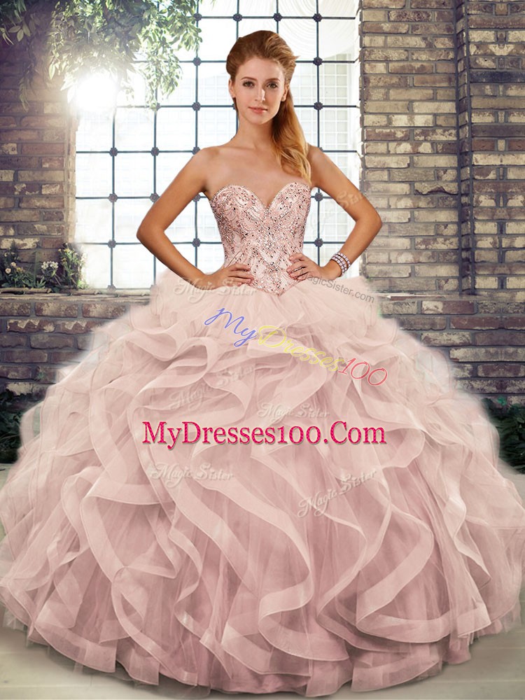 Floor Length Ball Gowns Sleeveless Pink Quinceanera Dress Lace Up