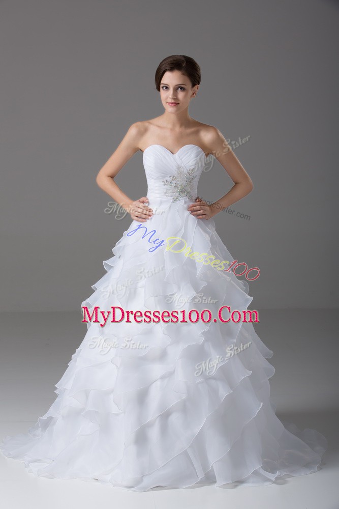 Best Organza Sleeveless Bridal Gown Brush Train and Beading and Ruffled Layers