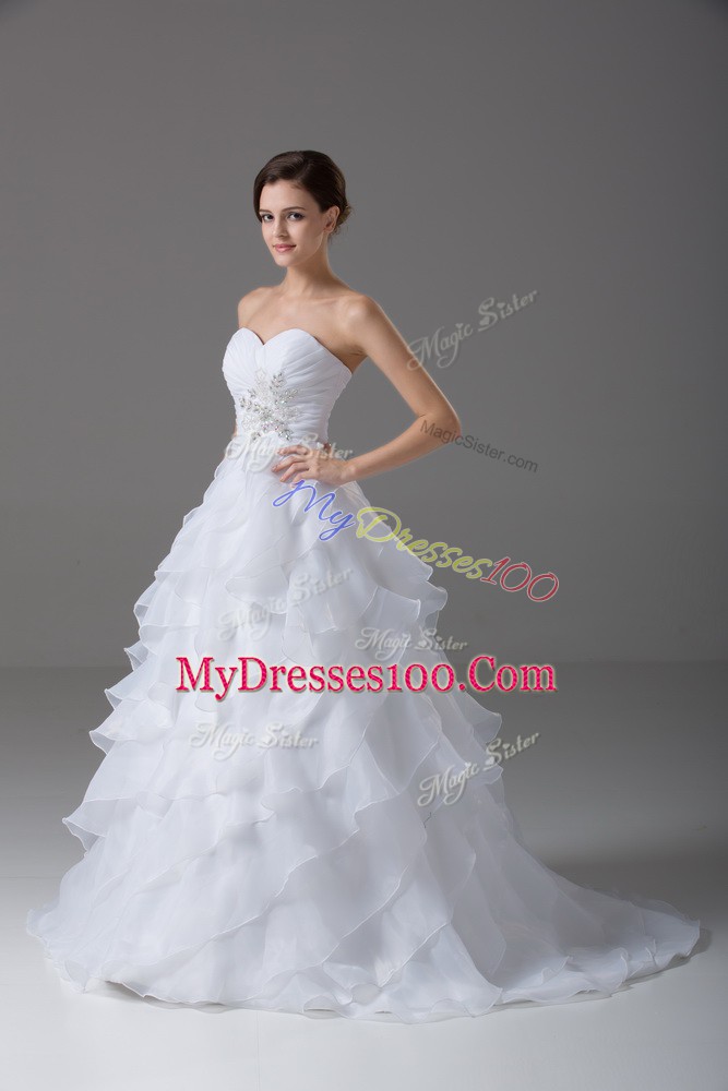 Best Organza Sleeveless Bridal Gown Brush Train and Beading and Ruffled Layers