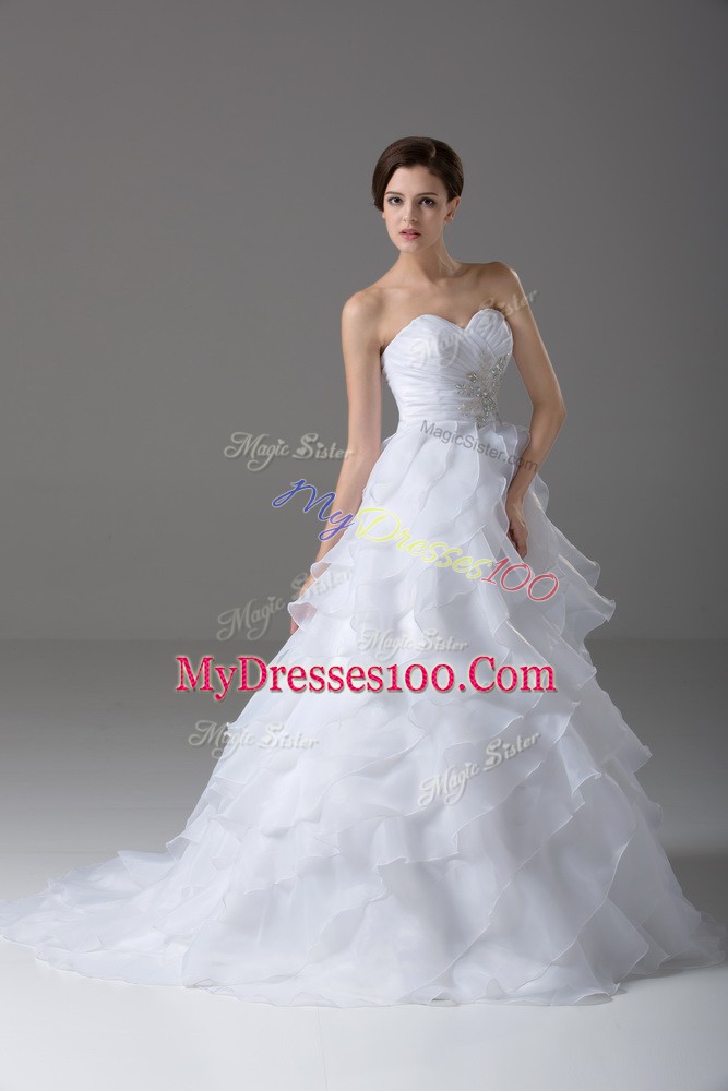Best Organza Sleeveless Bridal Gown Brush Train and Beading and Ruffled Layers