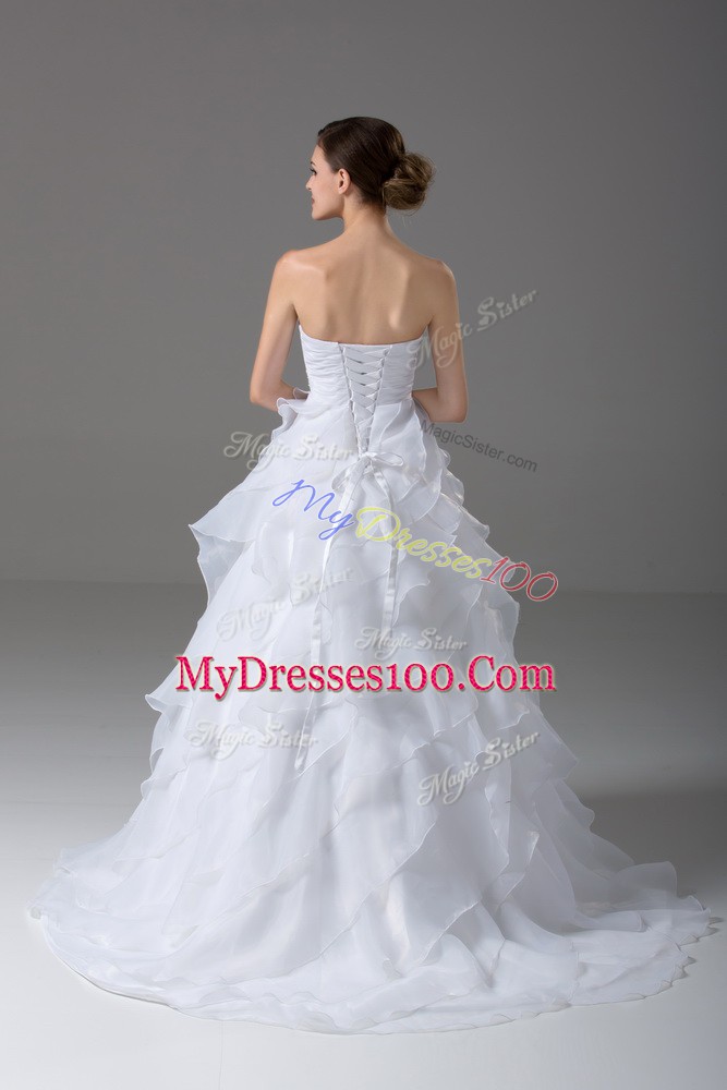 Best Organza Sleeveless Bridal Gown Brush Train and Beading and Ruffled Layers