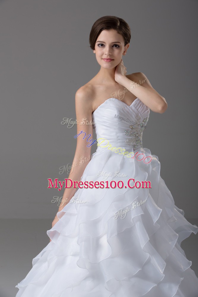 Best Organza Sleeveless Bridal Gown Brush Train and Beading and Ruffled Layers