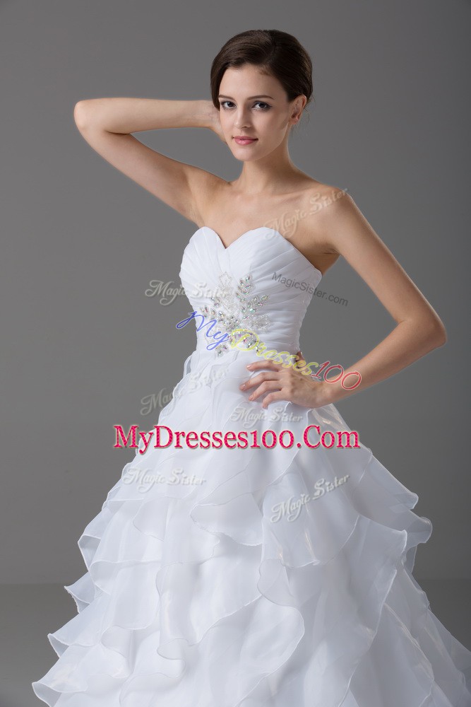 Best Organza Sleeveless Bridal Gown Brush Train and Beading and Ruffled Layers