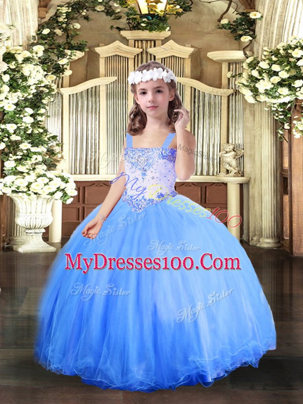 Adorable Baby Blue Straps Lace Up Beading Girls Pageant Dresses Sleeveless