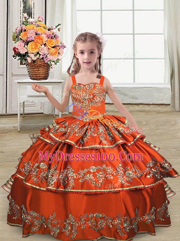 Rust Red Ball Gowns Embroidery and Ruffled Layers Little Girls Pageant Gowns Lace Up Satin Sleeveless Floor Length