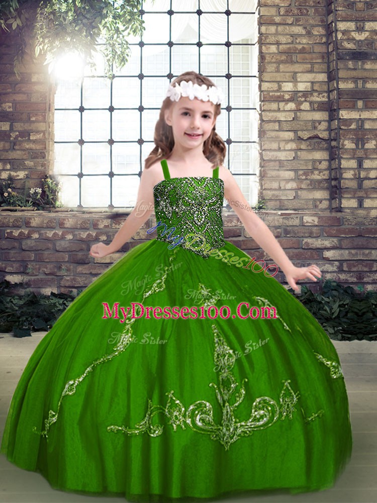 Floor Length Green Kids Formal Wear Tulle Long Sleeves Beading