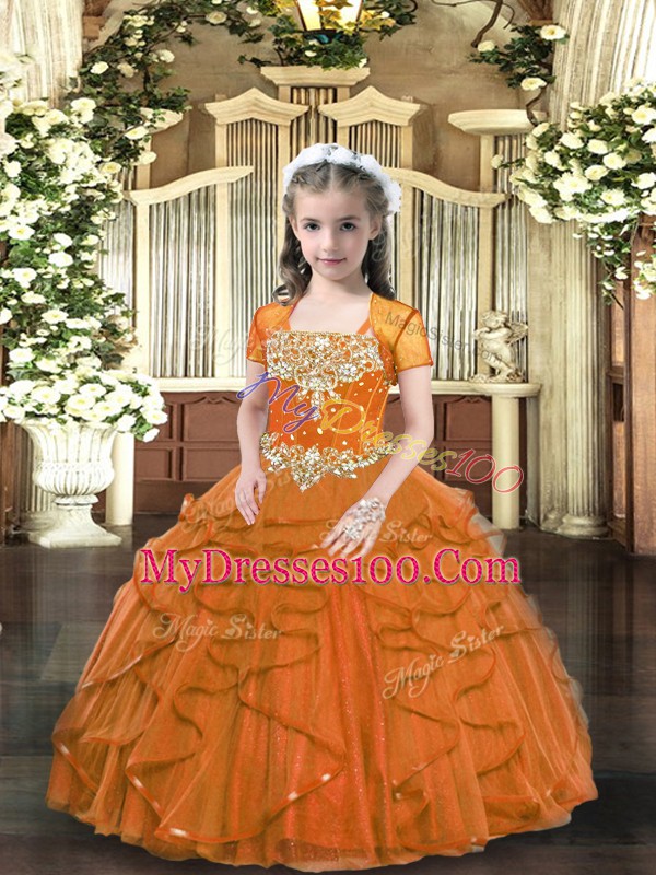 Brown Tulle Lace Up Straps Sleeveless Floor Length Pageant Gowns For Girls Beading and Ruffles