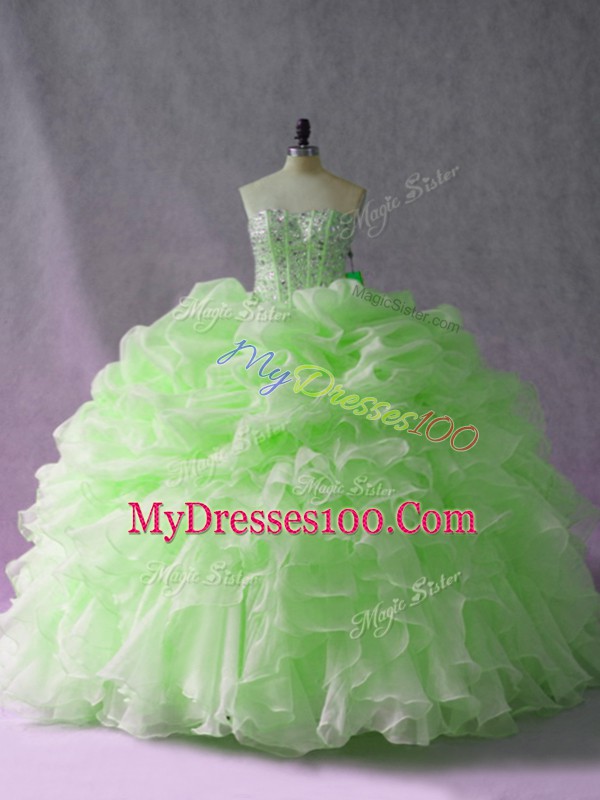 Sweetheart Sleeveless Sweet 16 Dresses Brush Train Beading and Ruffles and Pick Ups Green Organza