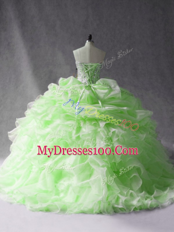 Sweetheart Sleeveless Sweet 16 Dresses Brush Train Beading and Ruffles and Pick Ups Green Organza