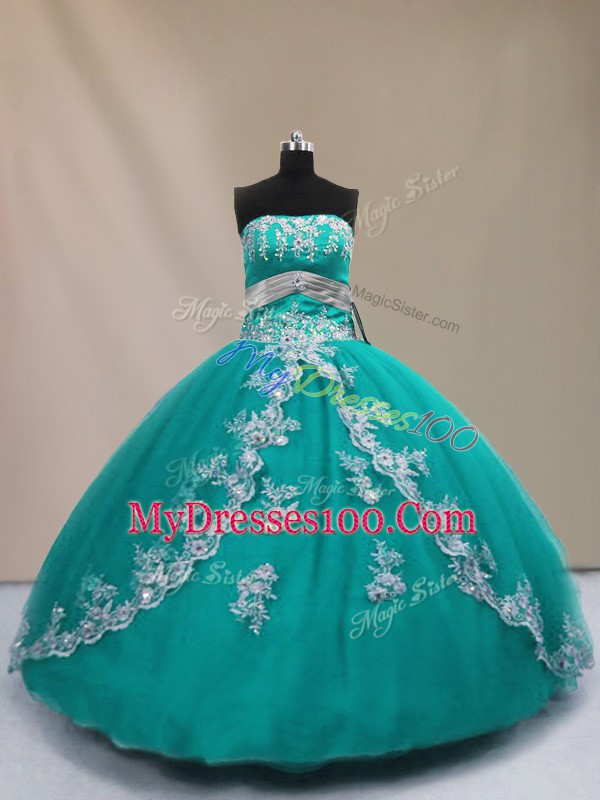 Sleeveless Tulle Floor Length Lace Up Quinceanera Dresses in Turquoise with Appliques