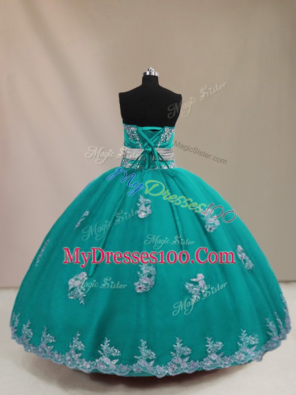 Sleeveless Tulle Floor Length Lace Up Quinceanera Dresses in Turquoise with Appliques