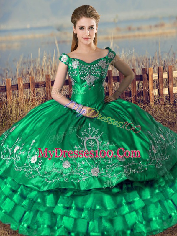 Elegant Green Organza Lace Up Off The Shoulder Sleeveless Floor Length Vestidos de Quinceanera Embroidery and Ruffled Layers