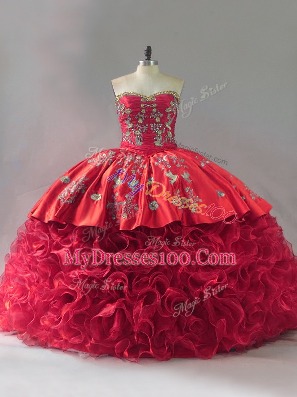 Fabulous Red Lace Up Sweetheart Embroidery Sweet 16 Dresses Fabric With Rolling Flowers Sleeveless Brush Train