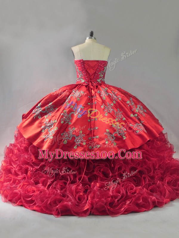Fabulous Red Lace Up Sweetheart Embroidery Sweet 16 Dresses Fabric With Rolling Flowers Sleeveless Brush Train