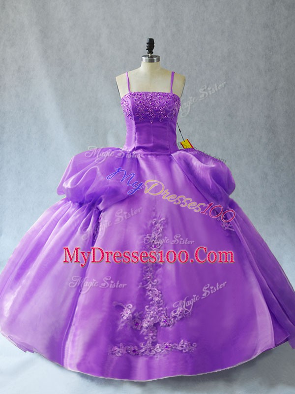 Fashionable Lavender Spaghetti Straps Neckline Appliques 15 Quinceanera Dress Sleeveless Lace Up