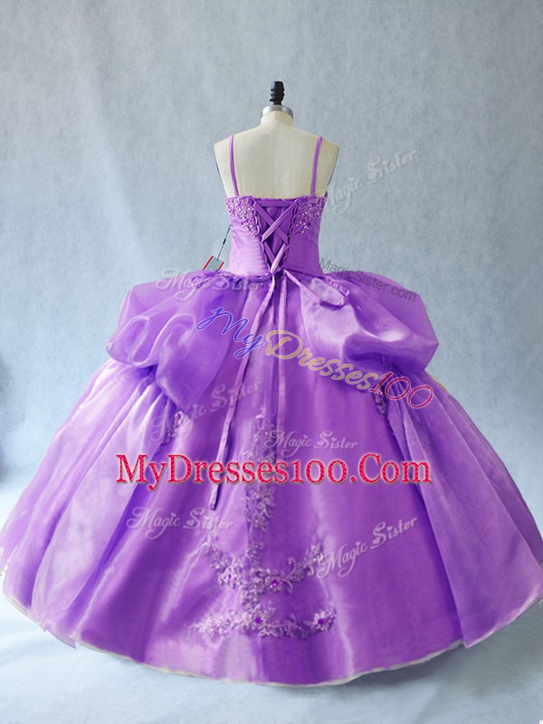 Fashionable Lavender Spaghetti Straps Neckline Appliques 15 Quinceanera Dress Sleeveless Lace Up