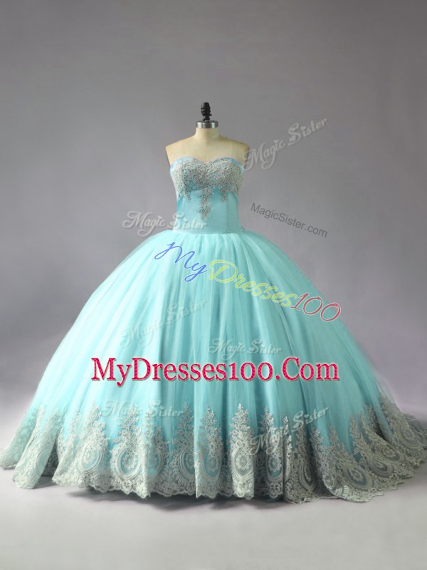 Sleeveless Appliques Lace Up Sweet 16 Dress with Blue Court Train