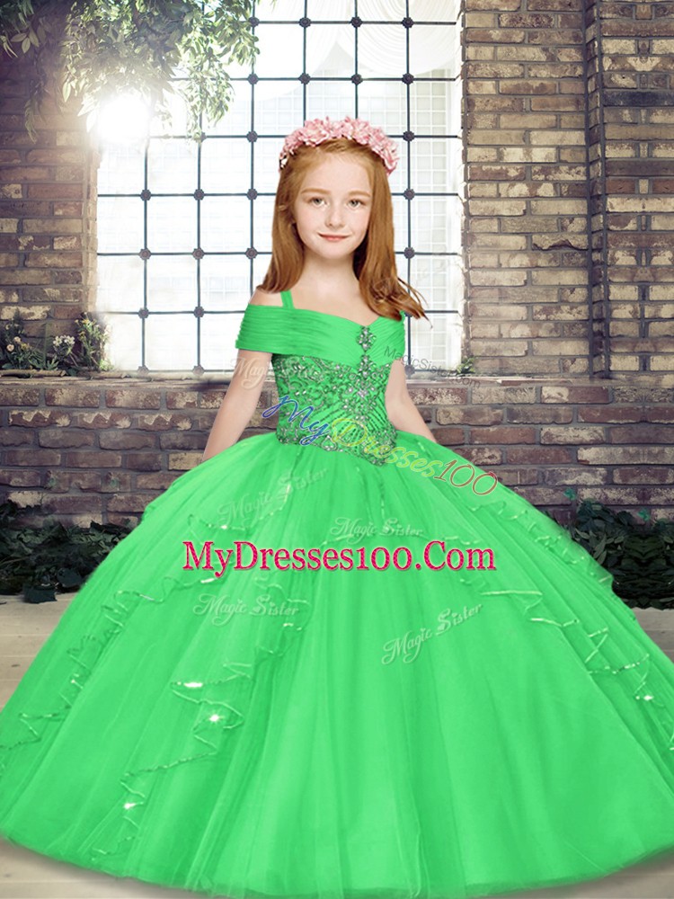 Admirable Sleeveless Tulle Floor Length Lace Up Pageant Dress for Girls in Green with Beading