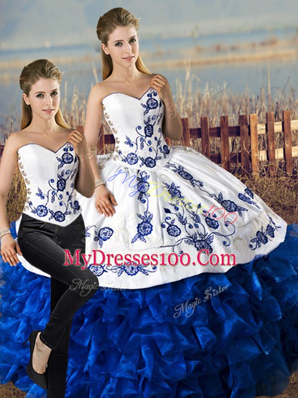 Deluxe Sweetheart Sleeveless Lace Up Quince Ball Gowns Blue And White Satin and Organza