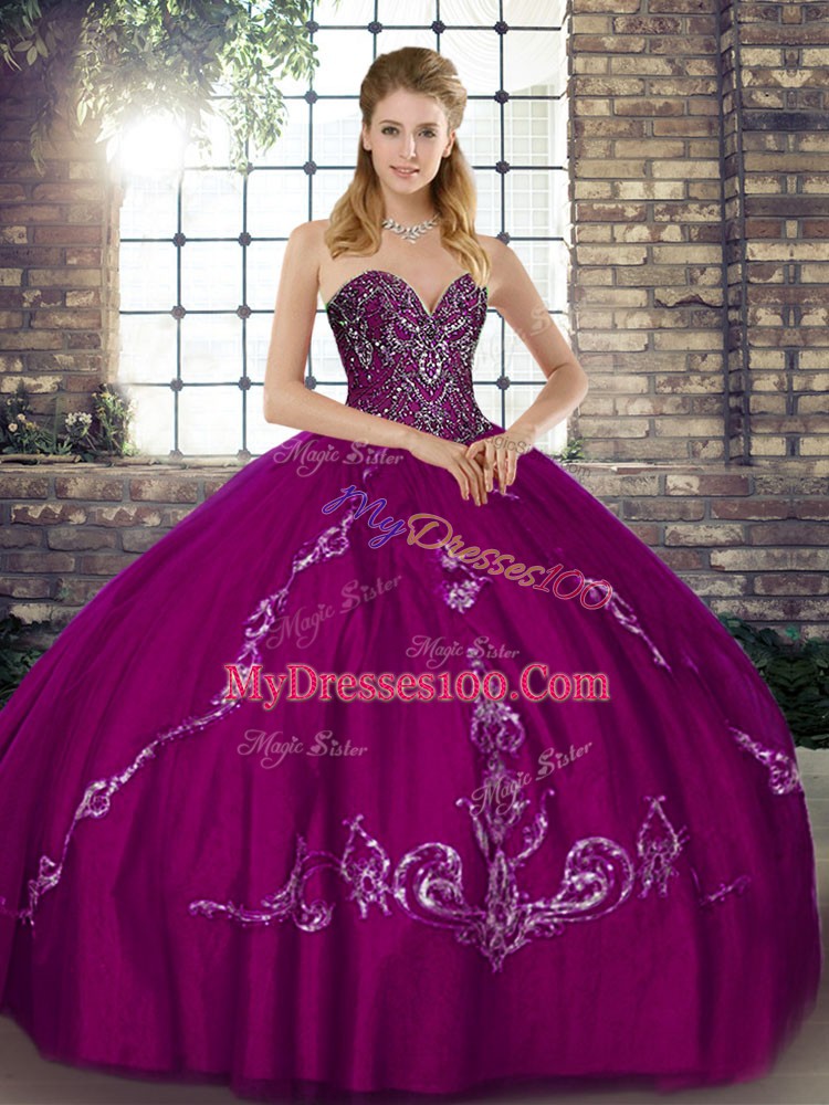 Tulle Sweetheart Sleeveless Lace Up Beading and Embroidery Sweet 16 Dress in Fuchsia