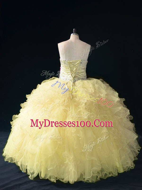 Spectacular Sweetheart Sleeveless Quinceanera Dresses Floor Length Ruffles Gold Tulle