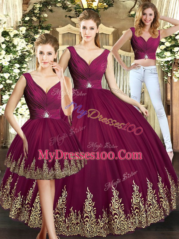 V-neck Sleeveless Backless 15th Birthday Dress Burgundy Tulle
