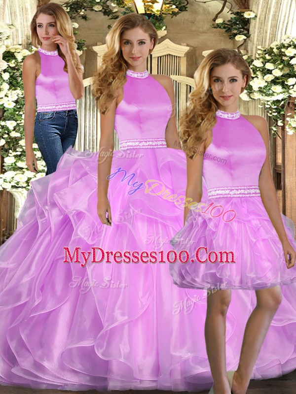 Custom Design Lilac Halter Top Lace Up Beading and Ruffles Quinceanera Gown Sleeveless
