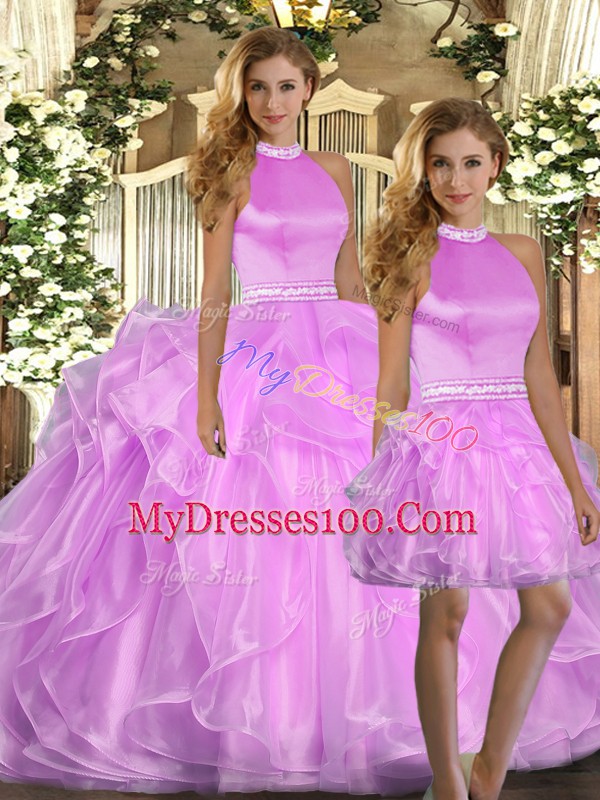 Custom Design Lilac Halter Top Lace Up Beading and Ruffles Quinceanera Gown Sleeveless